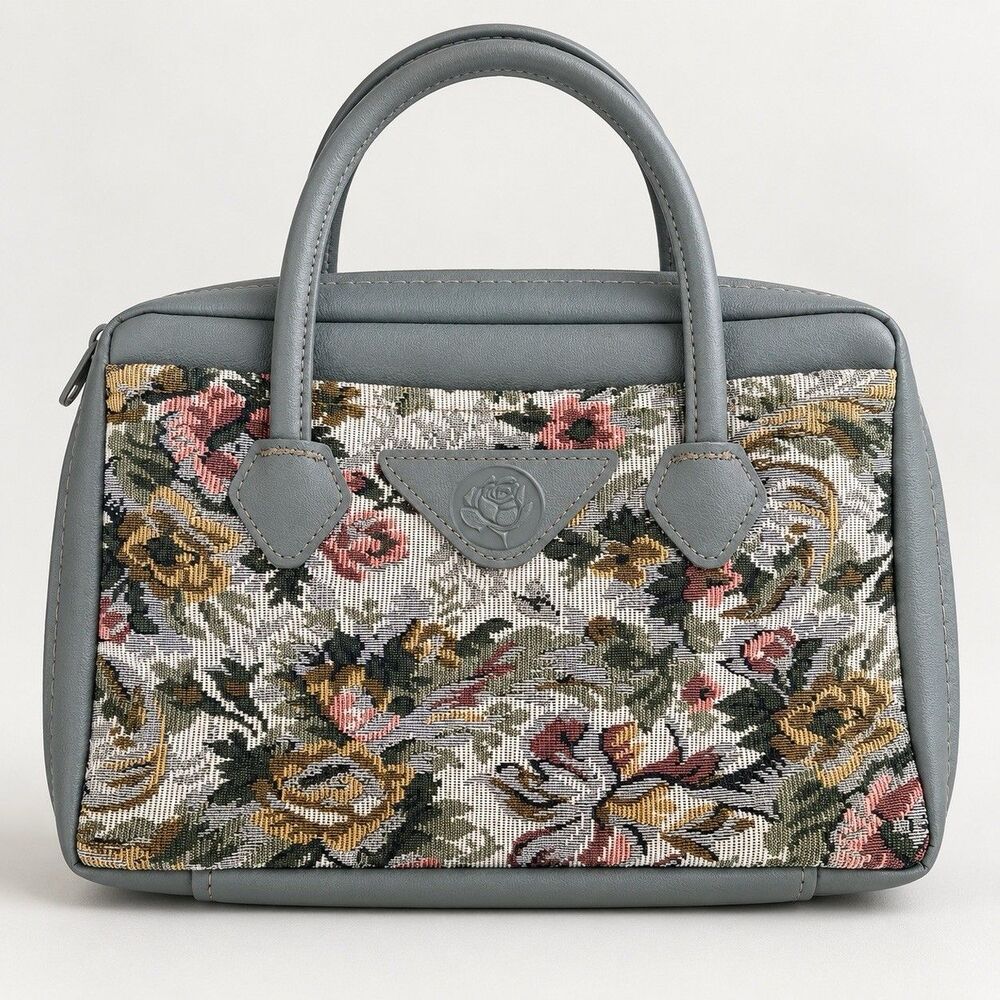 Vintage 1991 Foreva Floral Tapestry Handbag Gray Faux Leather Top Handle Bag